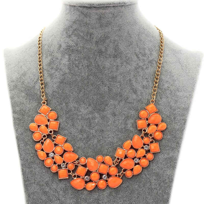 Exaggerated Geometric Mosaic Crystal Gold Chain Neon Orange Choker Necklace for Women