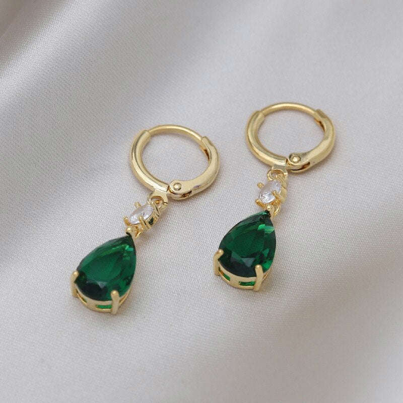 2022 Korea Design Green Crystal Water Drop Pendant Earrings for Women