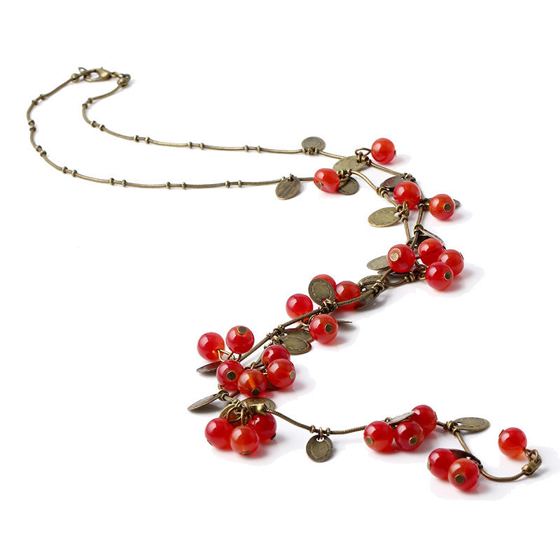 LNRRABC New Retro Women Statement Necklace with Red Cherries Pendant