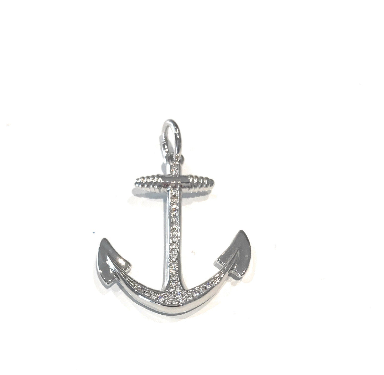 CZ Micro Pave Anchor Charm - Silver Plated DIY Jewelry Making Supplies