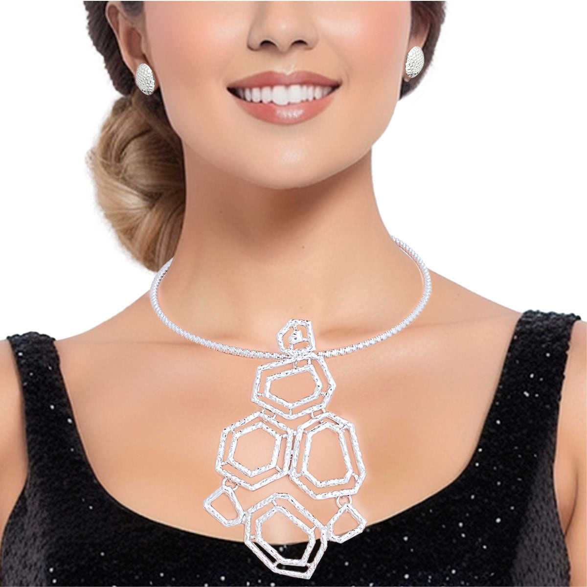 Silver Geometric Pendant Necklace Set for Women with Matching Earrings