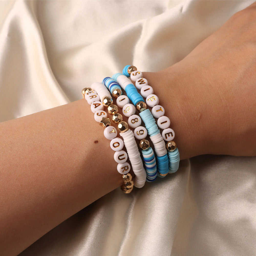 Set of 5Pcs Taylor Inspired Beaded Bracelets for Fans - Friendship Bracelets Gifts for Music Lovers (Blue)