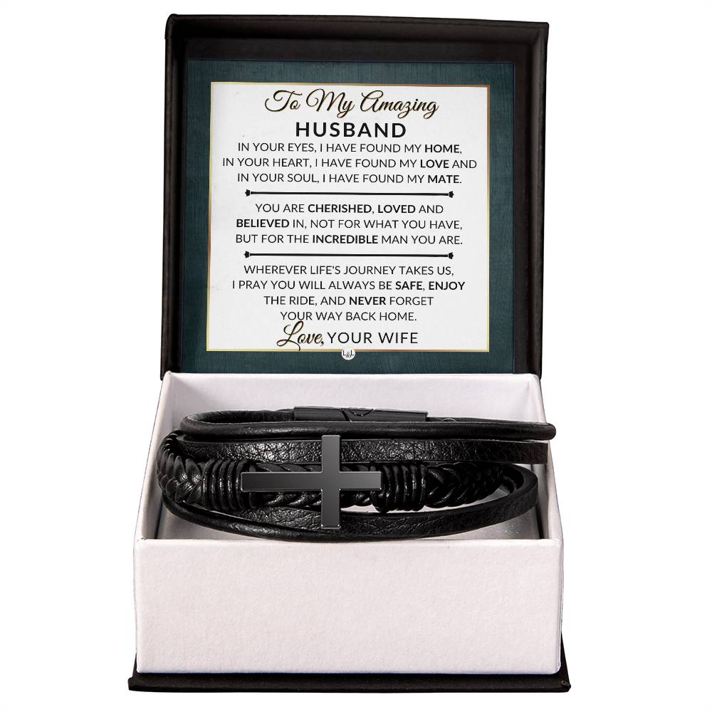 Romantic Husband Gift From Wife - Mens Braided Leather Bracelet with Cross