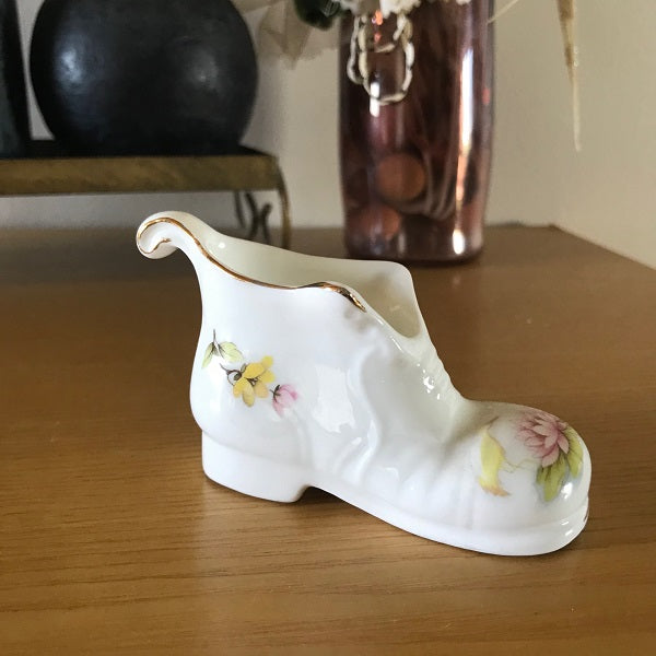 Porcelain White Boot Shoe with Pink and Yellow Floral Design