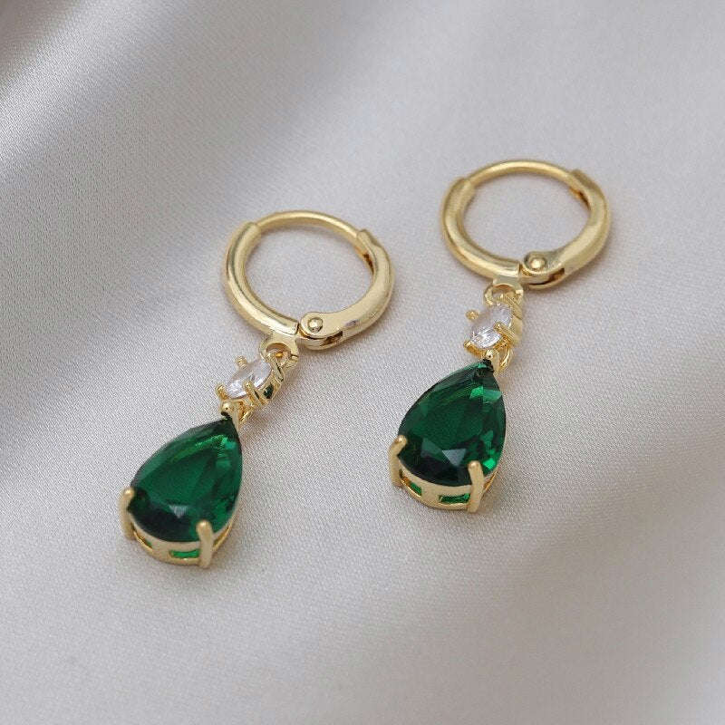 2022 Korea Design Green Crystal Water Drop Pendant Earrings for Women