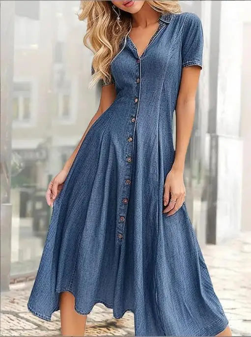 Elegant Casual Denim Dress with Turn-down Collar