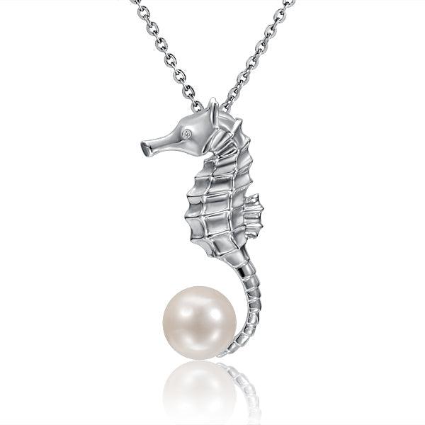 Pearl Seahorse’s Treasure Pendant - 925 Sterling Silver with Handcrafted Plumeria Engraving