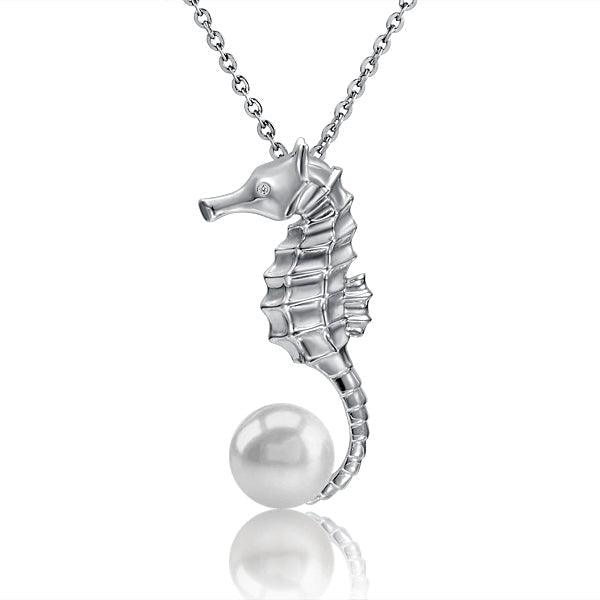 Pearl Seahorse’s Treasure Pendant - 925 Sterling Silver with Handcrafted Plumeria Engraving