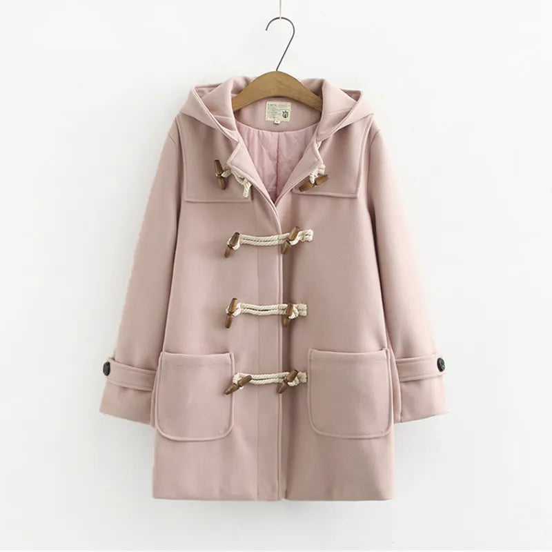 Nukty Double Row Horn Buckle Hooded Coat for Women - Autumn/Winter Casual Thicken Button Jacket