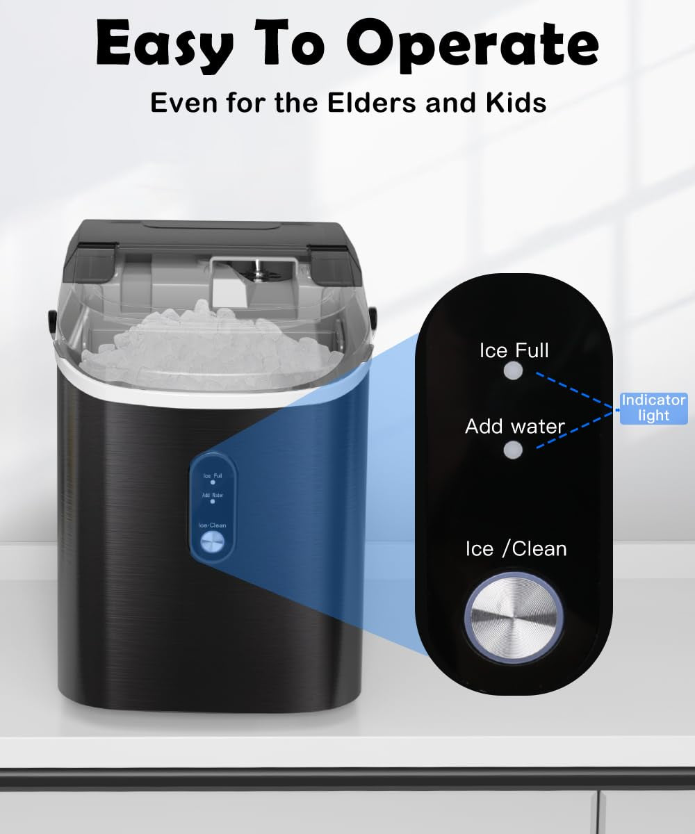 Countertop Nugget Ice Maker - Portable, Self-Cleaning, 34Lbs/Day, Stainless Steel Black