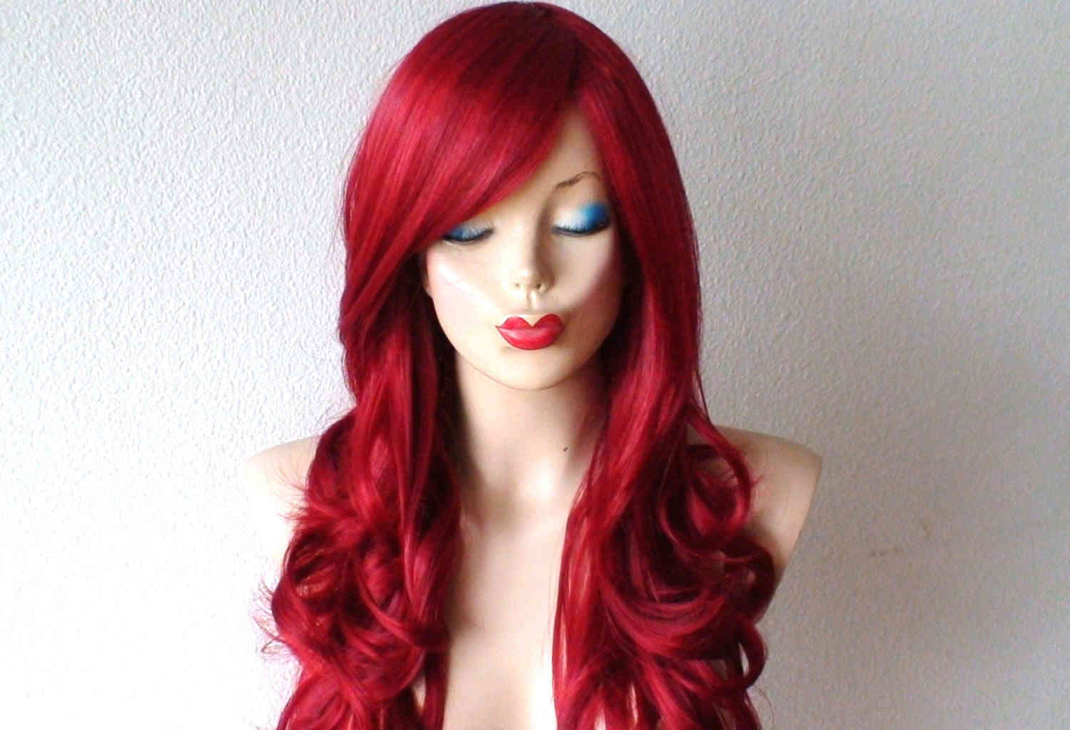 26 Lace Front Wine Red Long Curly Hair Long Side Bangs Wig