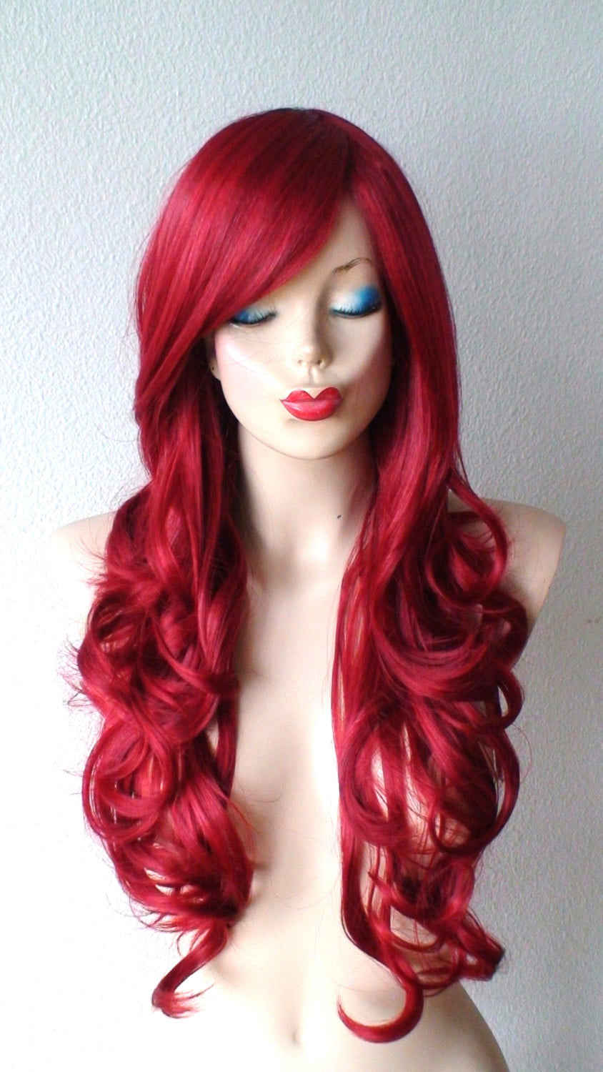 26 Lace Front Wine Red Long Curly Hair Long Side Bangs Wig