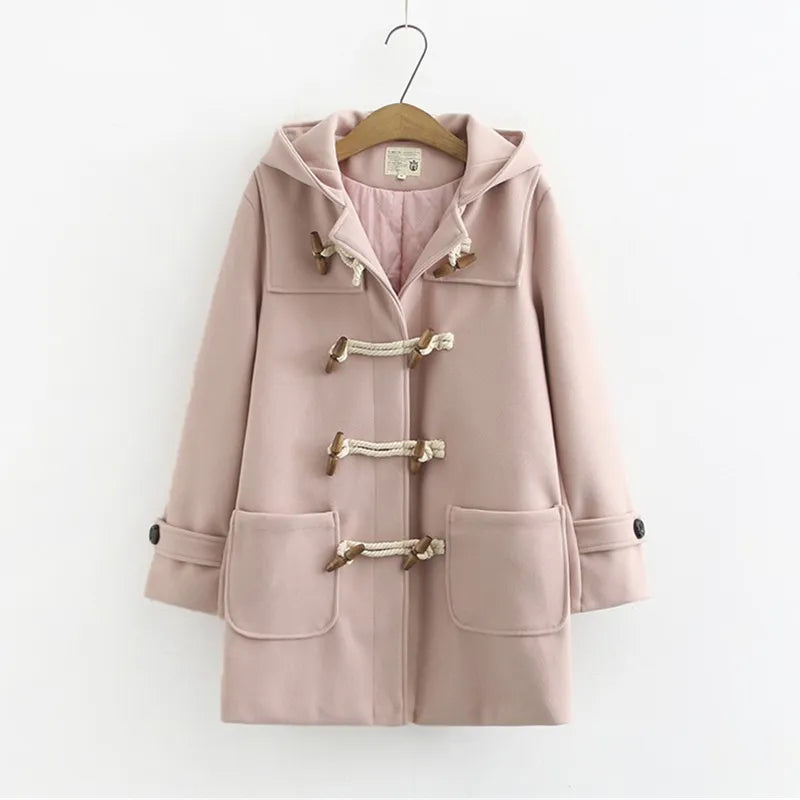 Nukty Double Row Horn Buckle Hooded Coat for Women - Autumn/Winter Casual Thicken Button Jacket