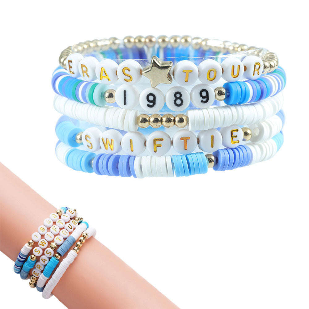 Set of 5Pcs Taylor Inspired Beaded Bracelets for Fans - Friendship Bracelets Gifts for Music Lovers (Blue)