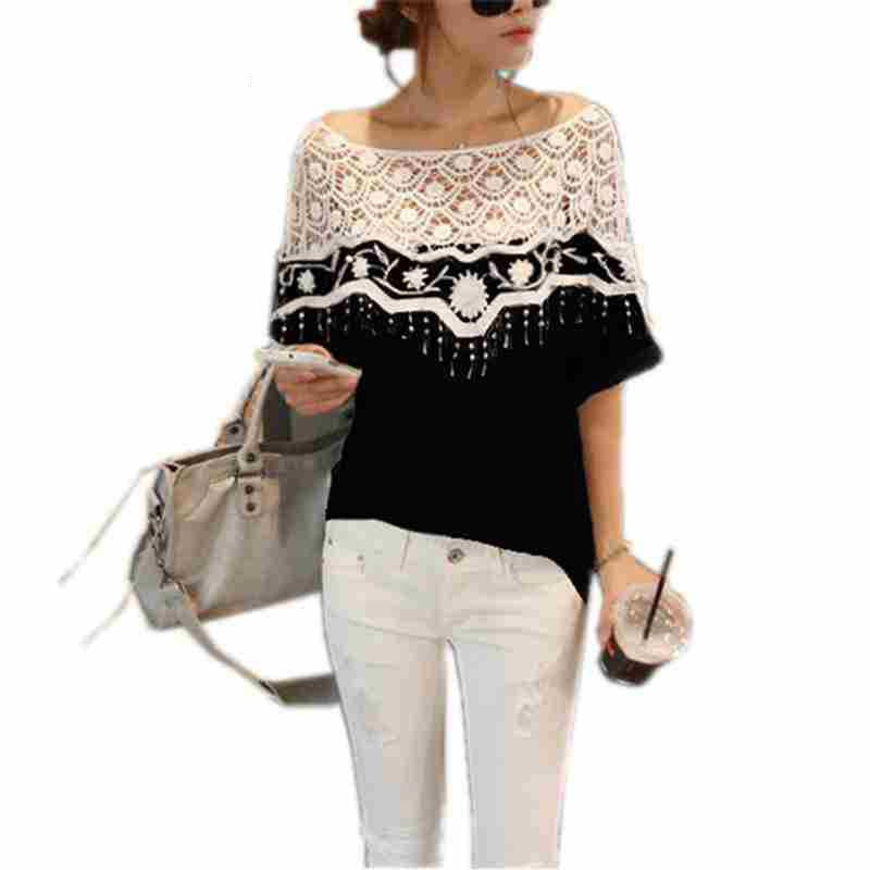 Women's Fashion Summer Blouse - Hollow Crochet Lace Top with Shawl Collar