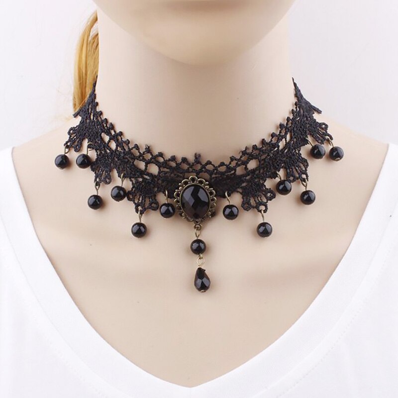 Gothic Tassel Punk Choker Necklace with Rhinestone Charms for Women