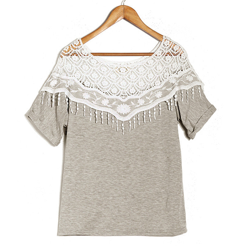 Women's Fashion Summer Blouse - Hollow Crochet Lace Top with Shawl Collar