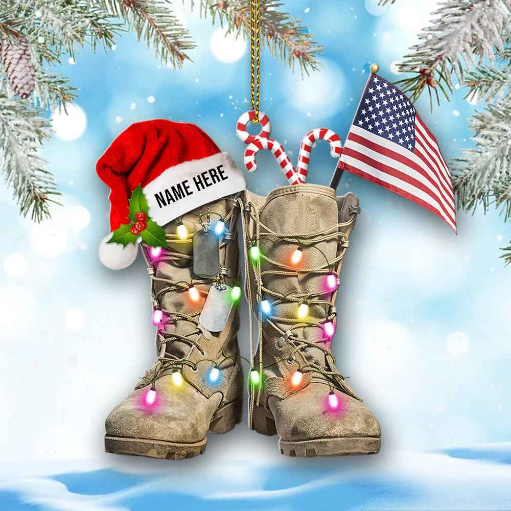 Personalized Military Boots Christmas Ornament with American Flag - Gift for Veterans