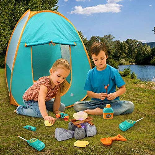 GrowthPic Kids Play Tent, Pretend Play Camping Tool Set with Campfire, Telescope, Walkie Talkies for Indoor Outdoor Activities