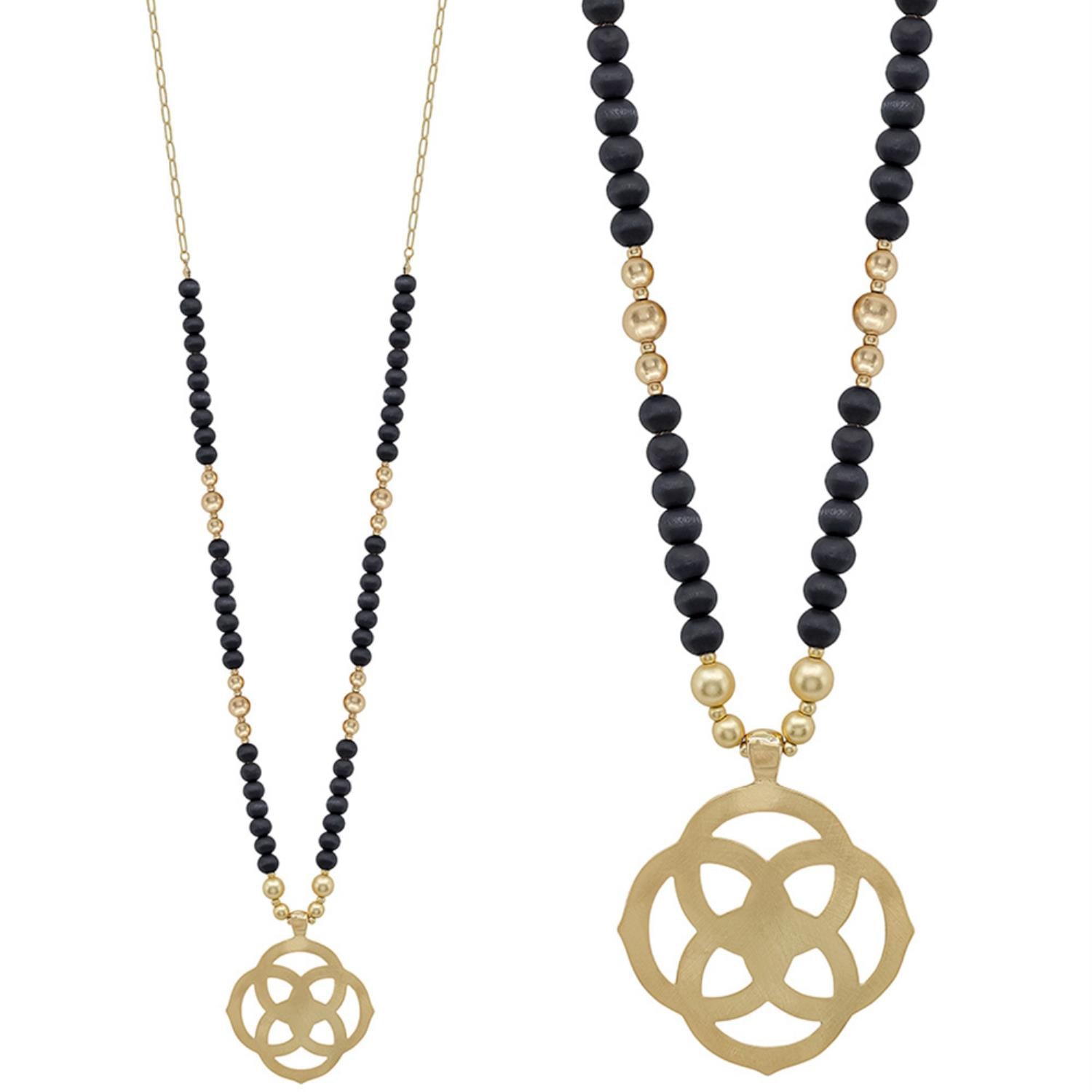 Flower Geometric Pendant Wood Bead Necklace - Black, Mocha, Multi