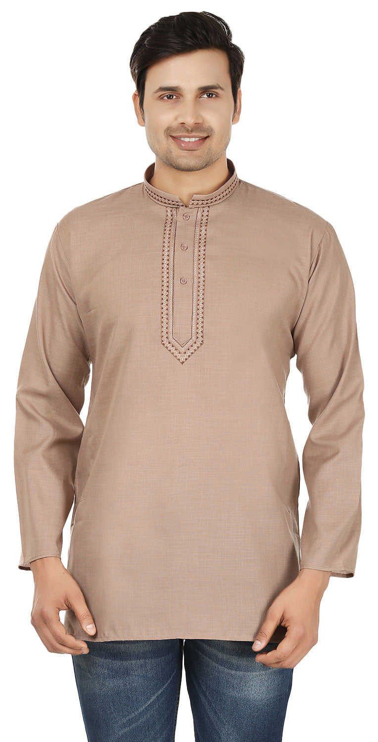 Indian Embroidered Cotton Short Kurta for Men - Brown