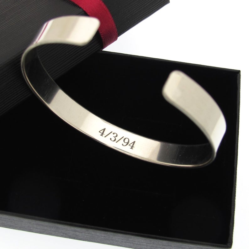 Fathers Day Gift - Engraved Sterling Silver Bracelet for Men