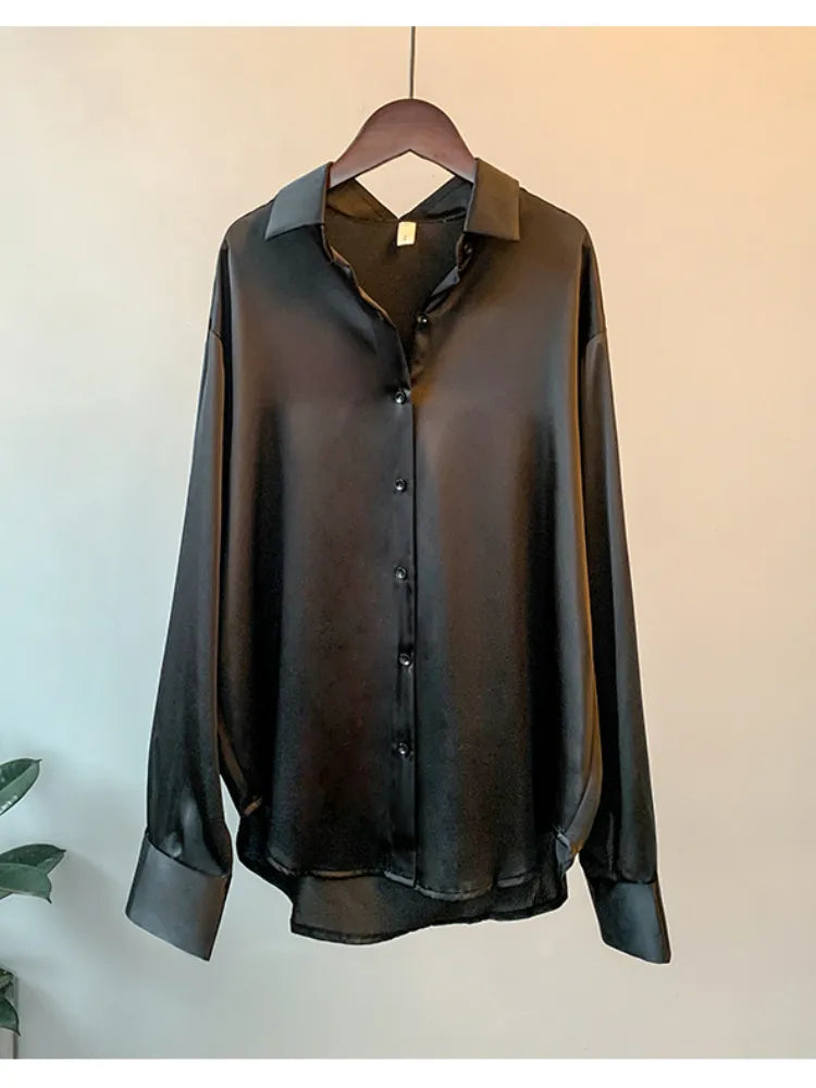 Nukty Elegant Office Lady Sheer Long Sleeve Satin Blouse