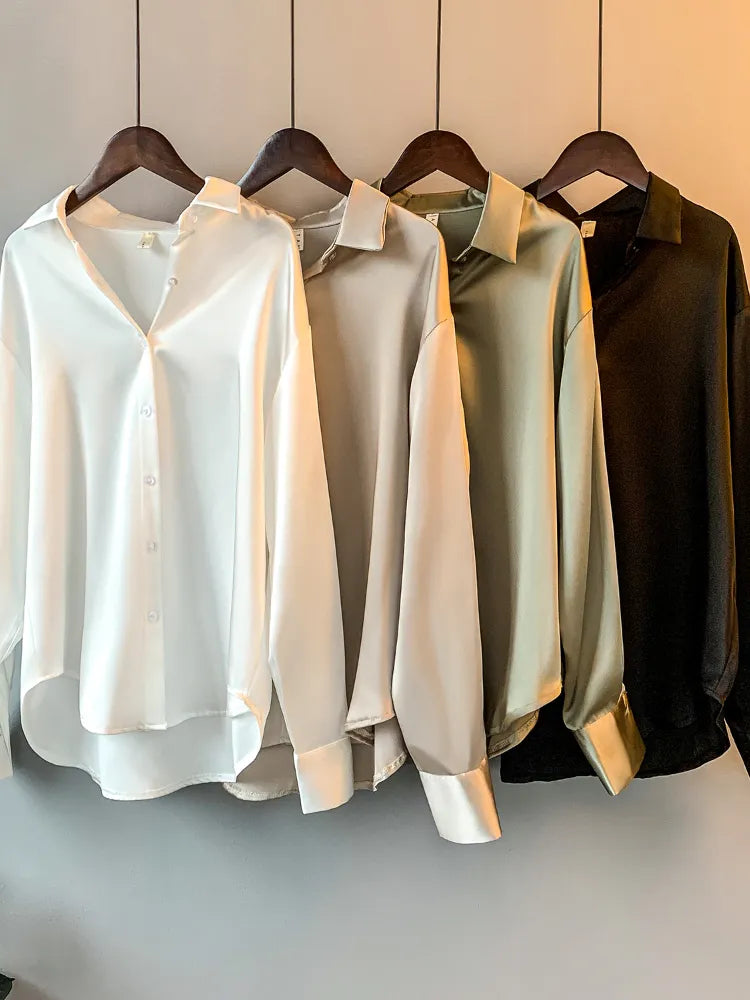 Nukty Elegant Office Lady Sheer Long Sleeve Satin Blouse