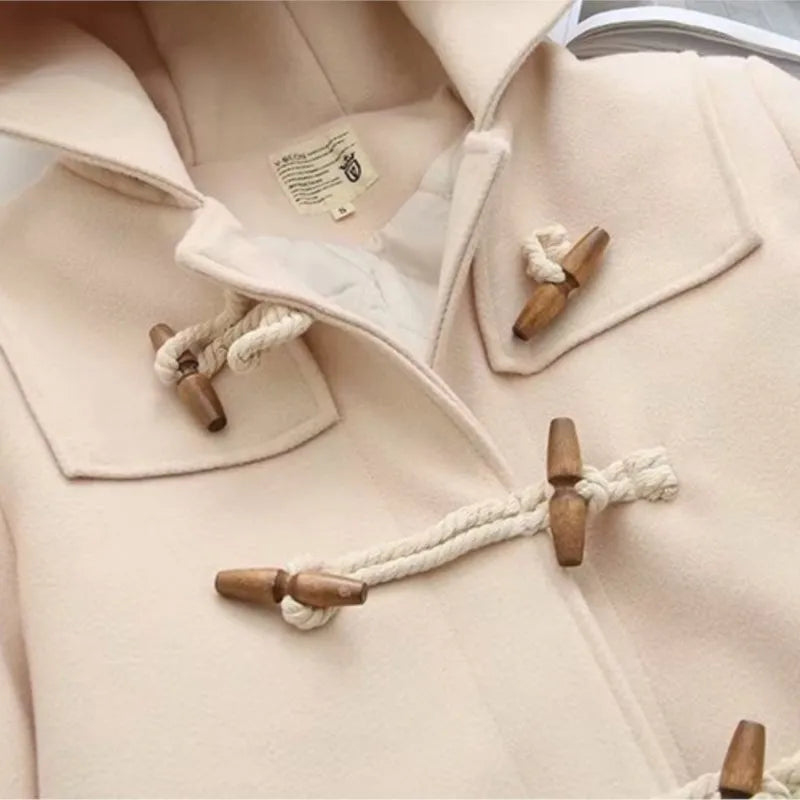 Nukty Double Row Horn Buckle Hooded Coat for Women - Autumn/Winter Casual Thicken Button Jacket