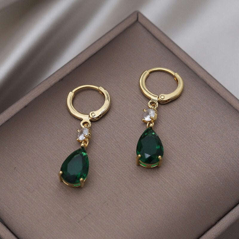2022 Korea Design Green Crystal Water Drop Pendant Earrings for Women