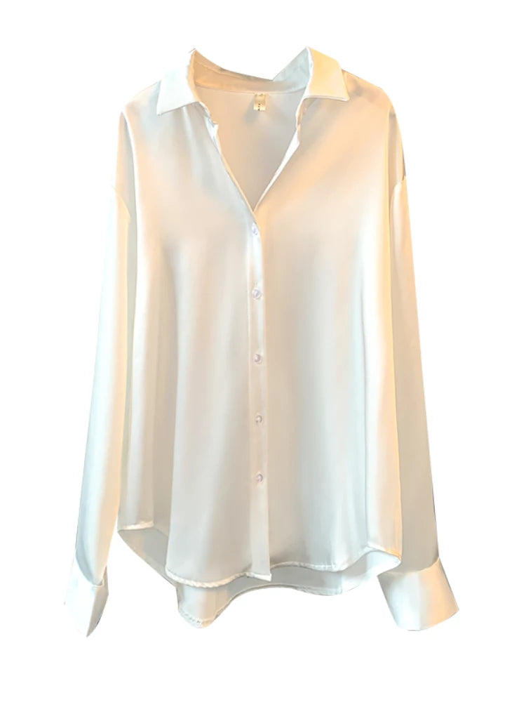 Nukty Elegant Office Lady Sheer Long Sleeve Satin Blouse
