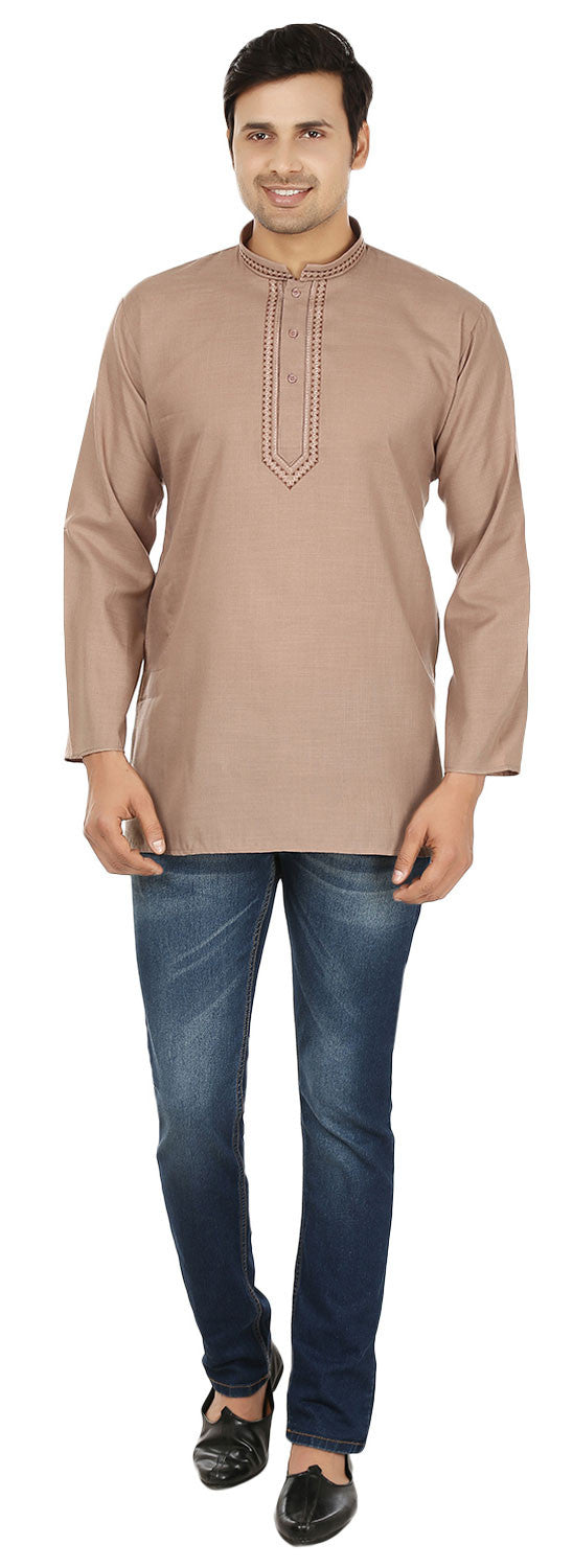Indian Embroidered Cotton Short Kurta for Men - Brown