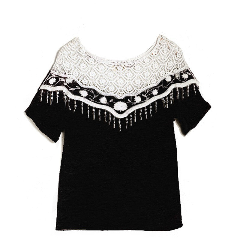 Women's Fashion Summer Blouse - Hollow Crochet Lace Top with Shawl Collar