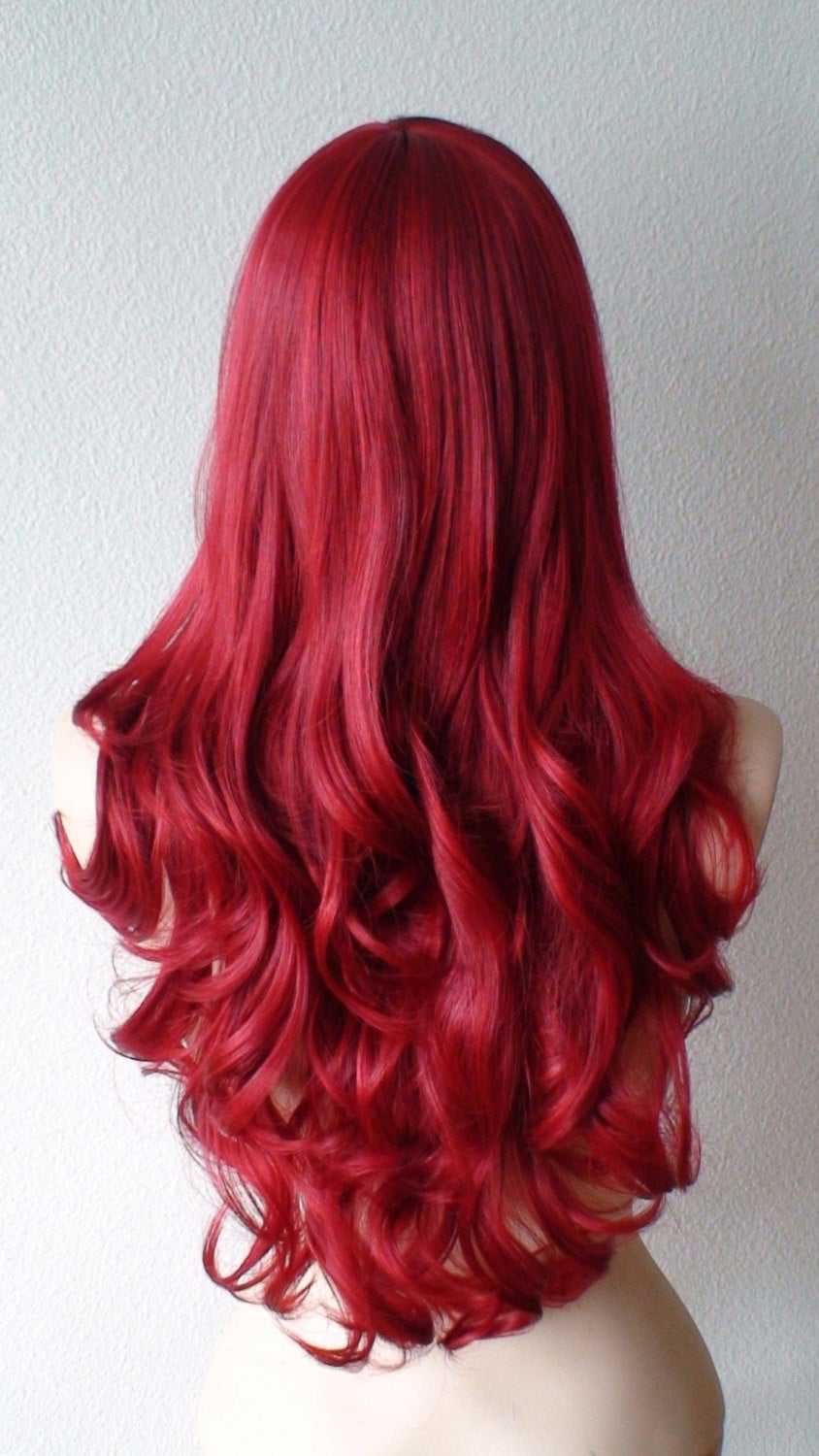 26 Lace Front Wine Red Long Curly Hair Long Side Bangs Wig