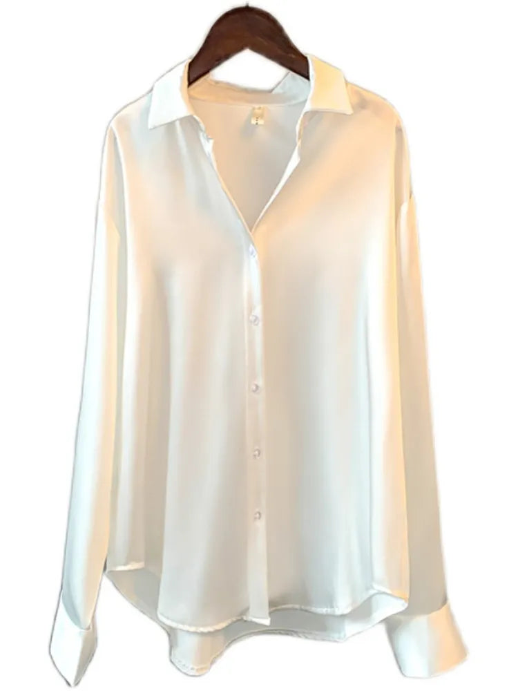 Nukty Elegant Office Lady Sheer Long Sleeve Satin Blouse