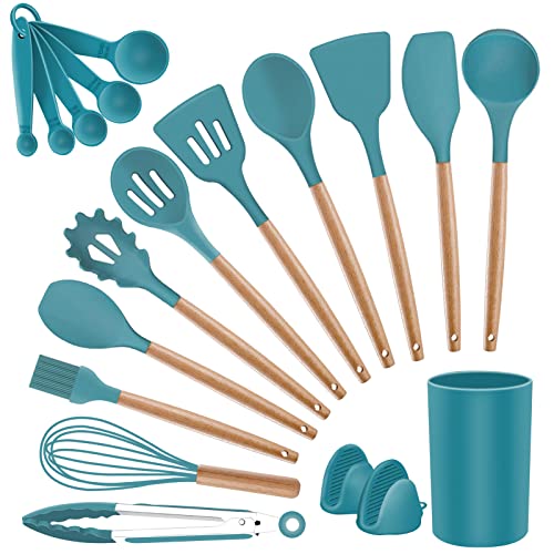 SZBOB Non-stick Silicone Cooking Utensils Set with Holder - 19PCS Kitchen Gadgets (Dark Blue)