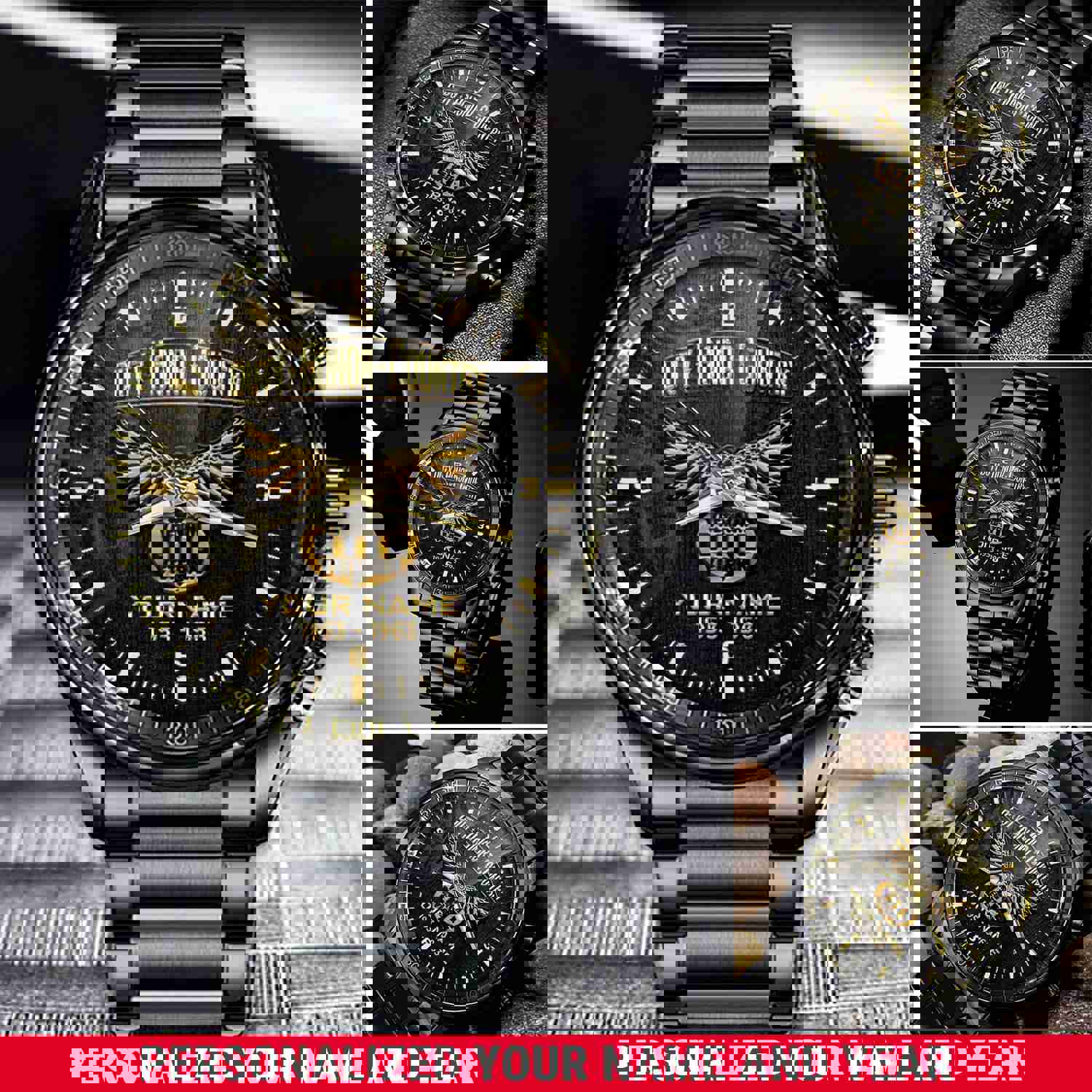 Vietnam Veteran Eagle Fashion Watch - Duty Honor Country Black & Gold Personalized Gift