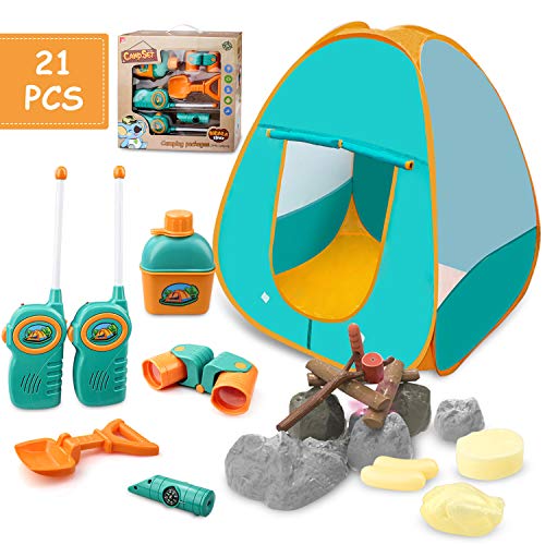 GrowthPic Kids Play Tent, Pretend Play Camping Tool Set with Campfire, Telescope, Walkie Talkies for Indoor Outdoor Activities