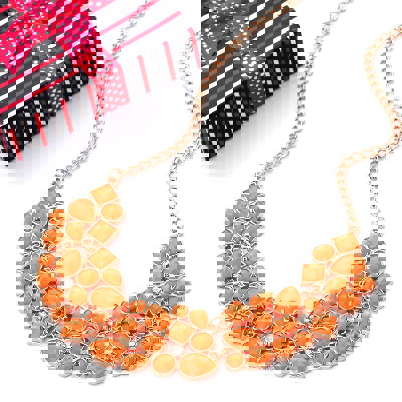 Exaggerated Geometric Mosaic Crystal Gold Chain Neon Orange Choker Necklace for Women
