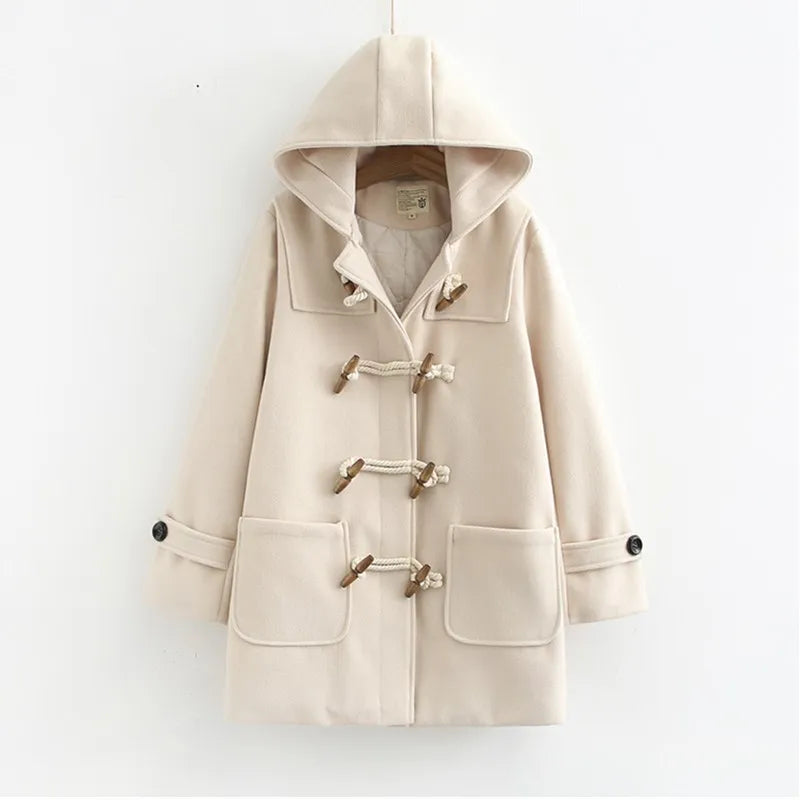 Nukty Double Row Horn Buckle Hooded Coat for Women - Autumn/Winter Casual Thicken Button Jacket