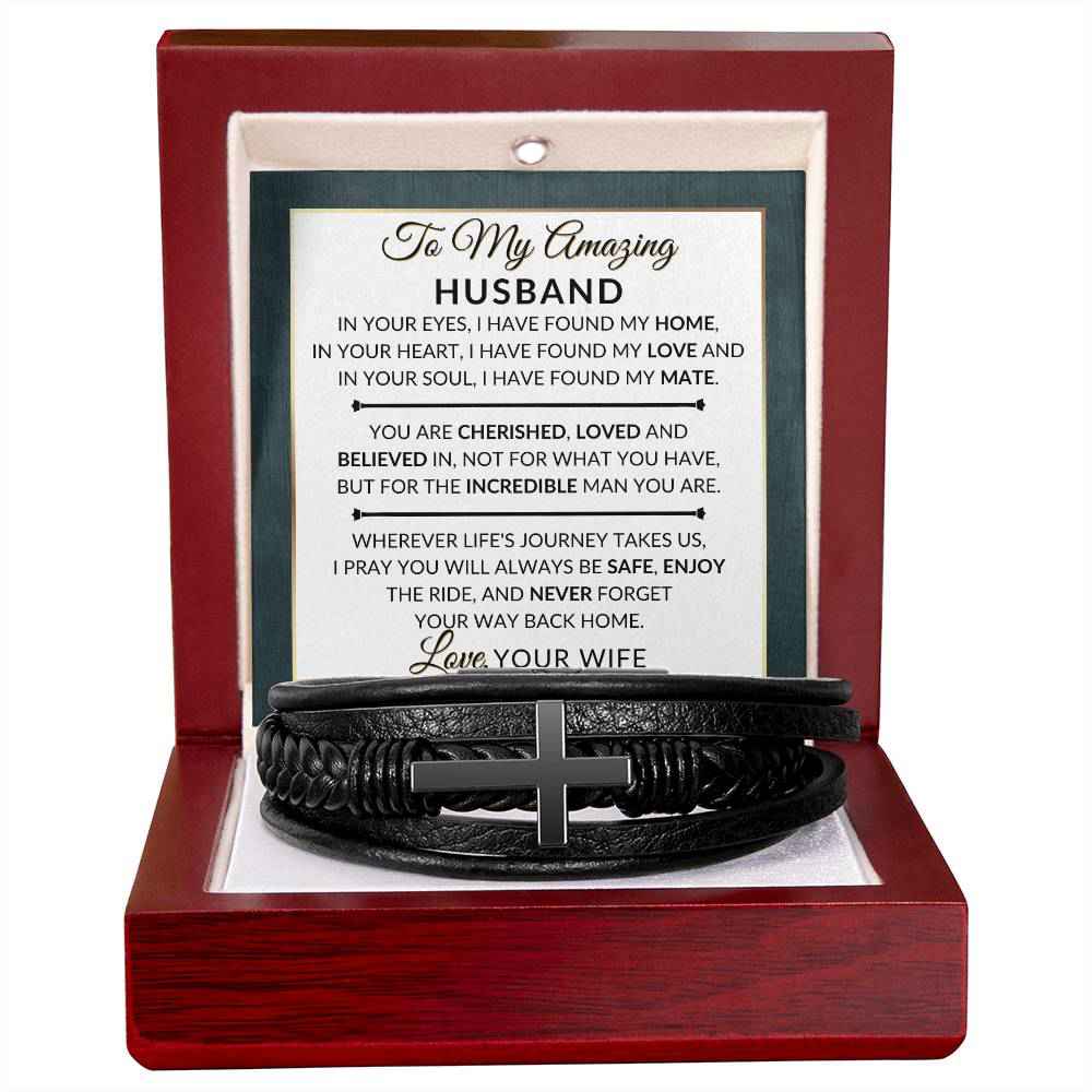 Romantic Husband Gift From Wife - Mens Braided Leather Bracelet with Cross