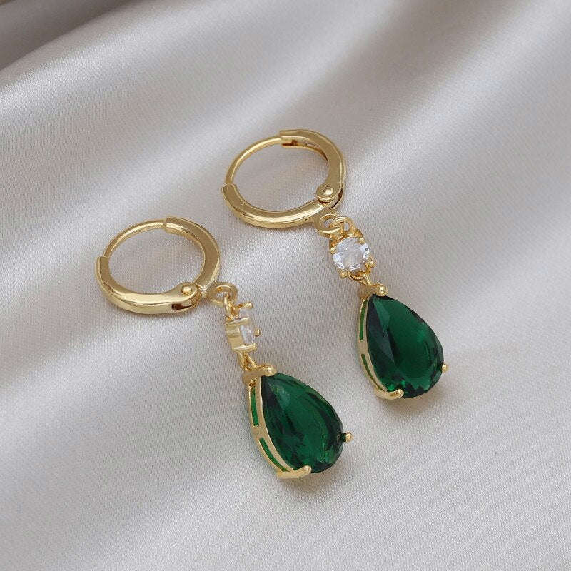 2022 Korea Design Green Crystal Water Drop Pendant Earrings for Women