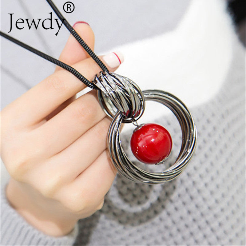 Ocean Red White Pearl Ball Pendant Long Necklace - Trendy Women's Fashion Jewelry