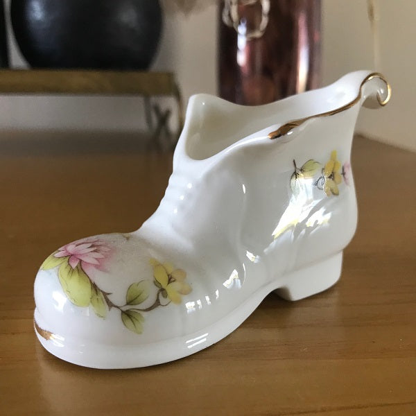 Porcelain White Boot Shoe with Pink and Yellow Floral Design
