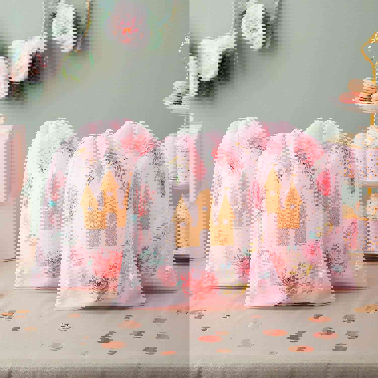 12 Pack Pink Drawstring Gift Bags for Princess Birthday Party Favors
