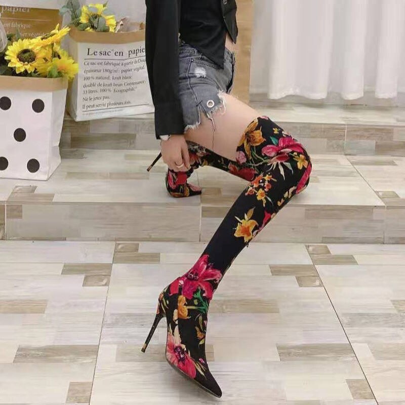 Autumn Women Thigh High Boots - Flower Print Stretch Fabric, Sexy Thin Heel, Pointed Toe, Side Zip