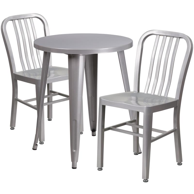 Napoleon Commercial Grade 24 Round Silver Metal Indoor-Outdoor Table Set with 2 Chairs