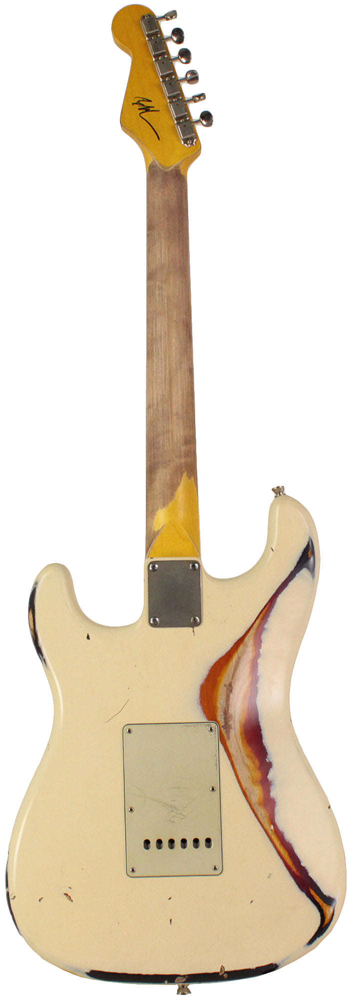 Nash S-63 HSS Guitar, Aged Olympic White over 3 Tone Sunburst, Heavy Aging