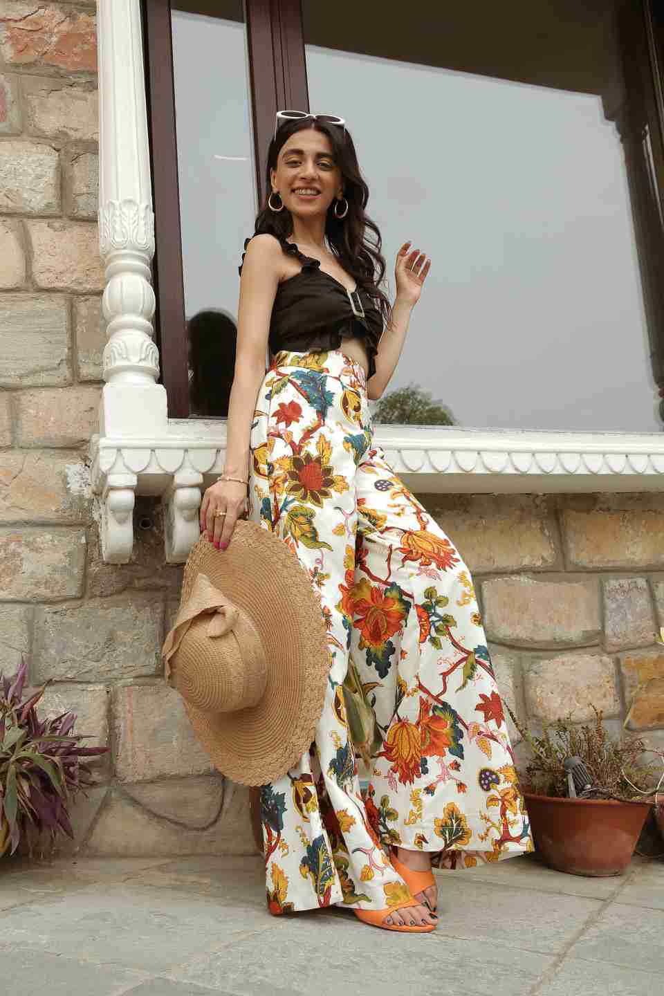 Sweetheart Neck Ruffled Jet Black Top with High Waisted Pant