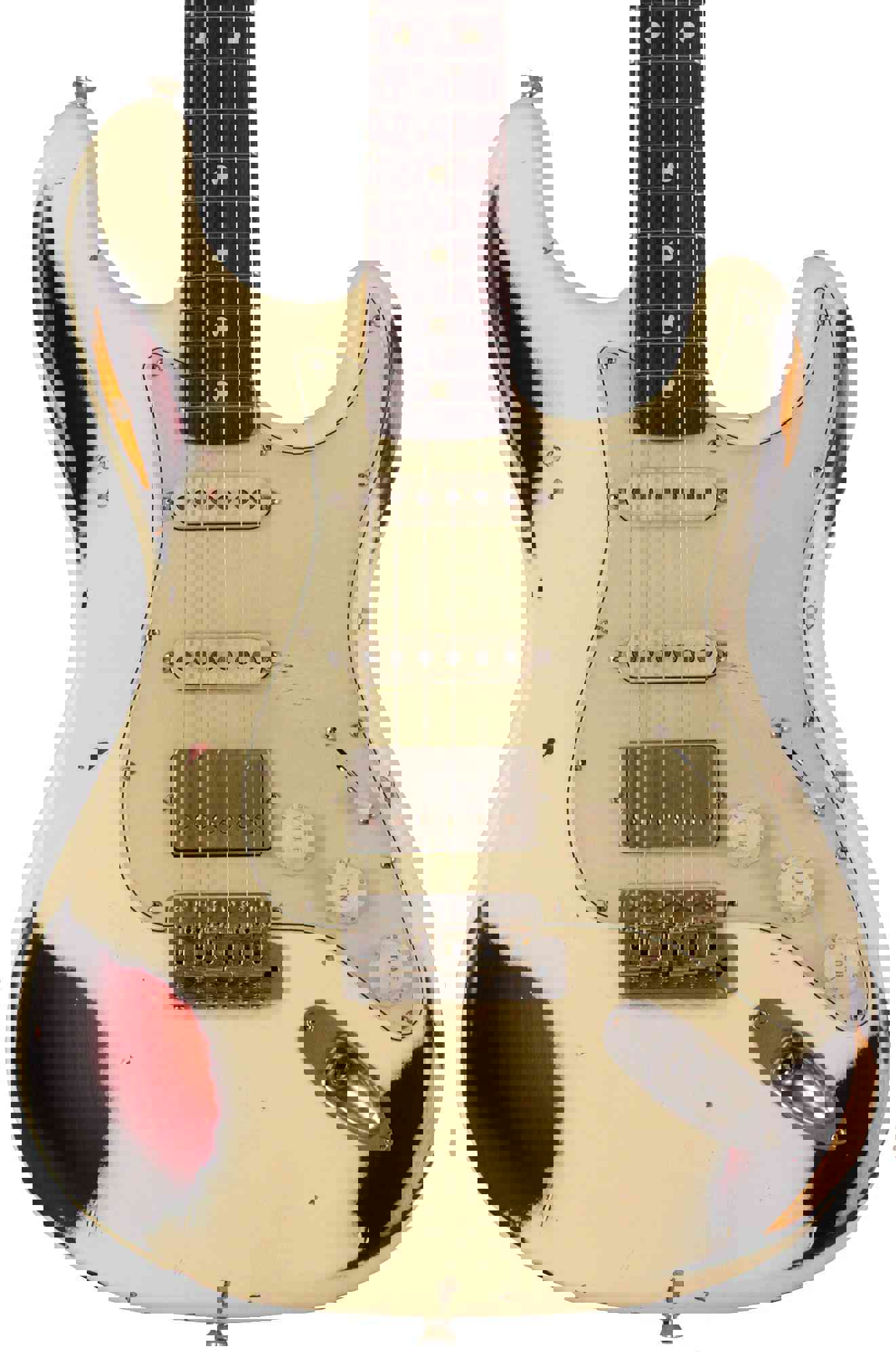 Nash S-63 HSS Guitar, Aged Olympic White over 3 Tone Sunburst, Heavy Aging